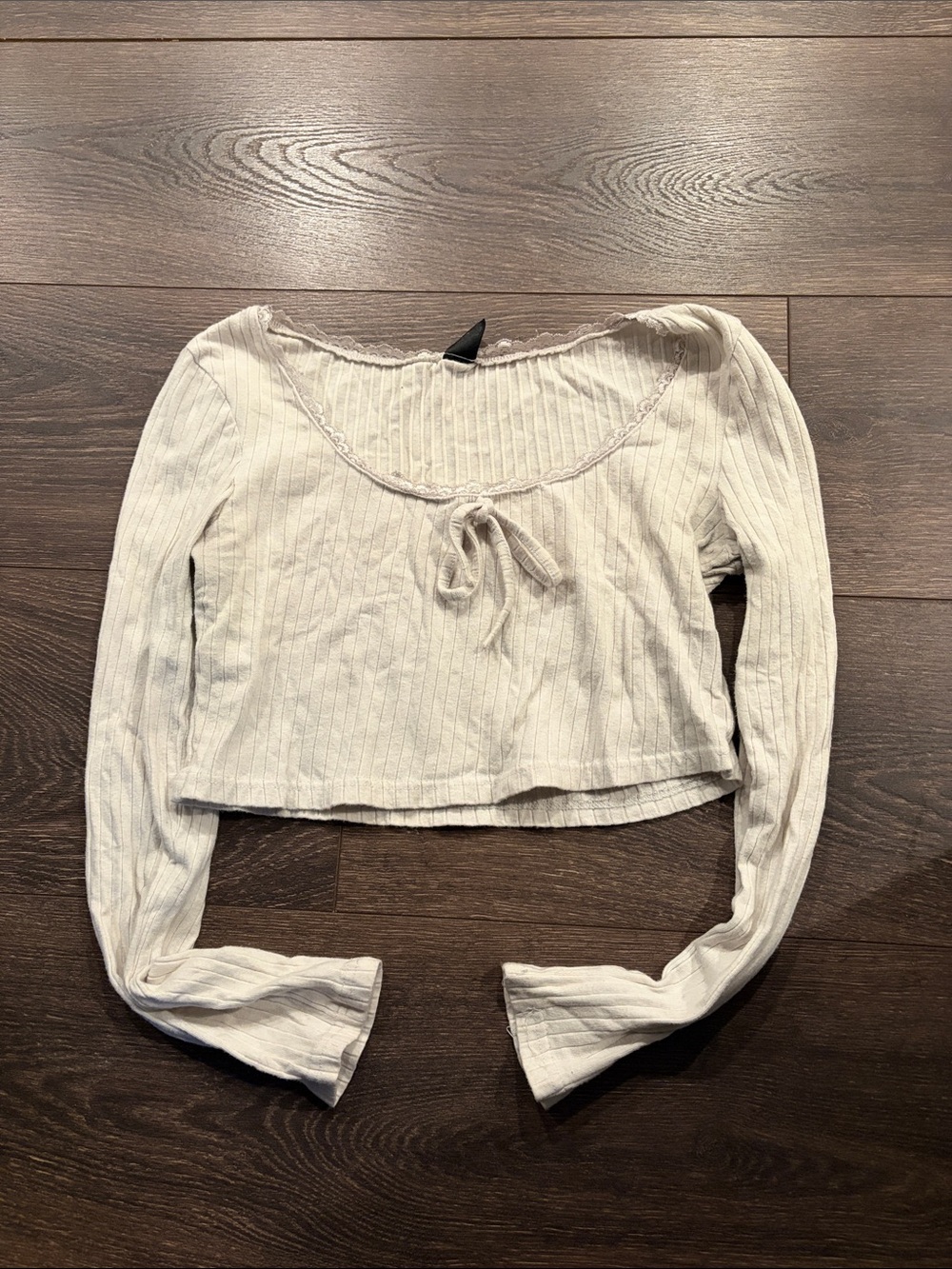 SHEIN Cream Ribbed Long-Sleeve Tie-Front Crop Top